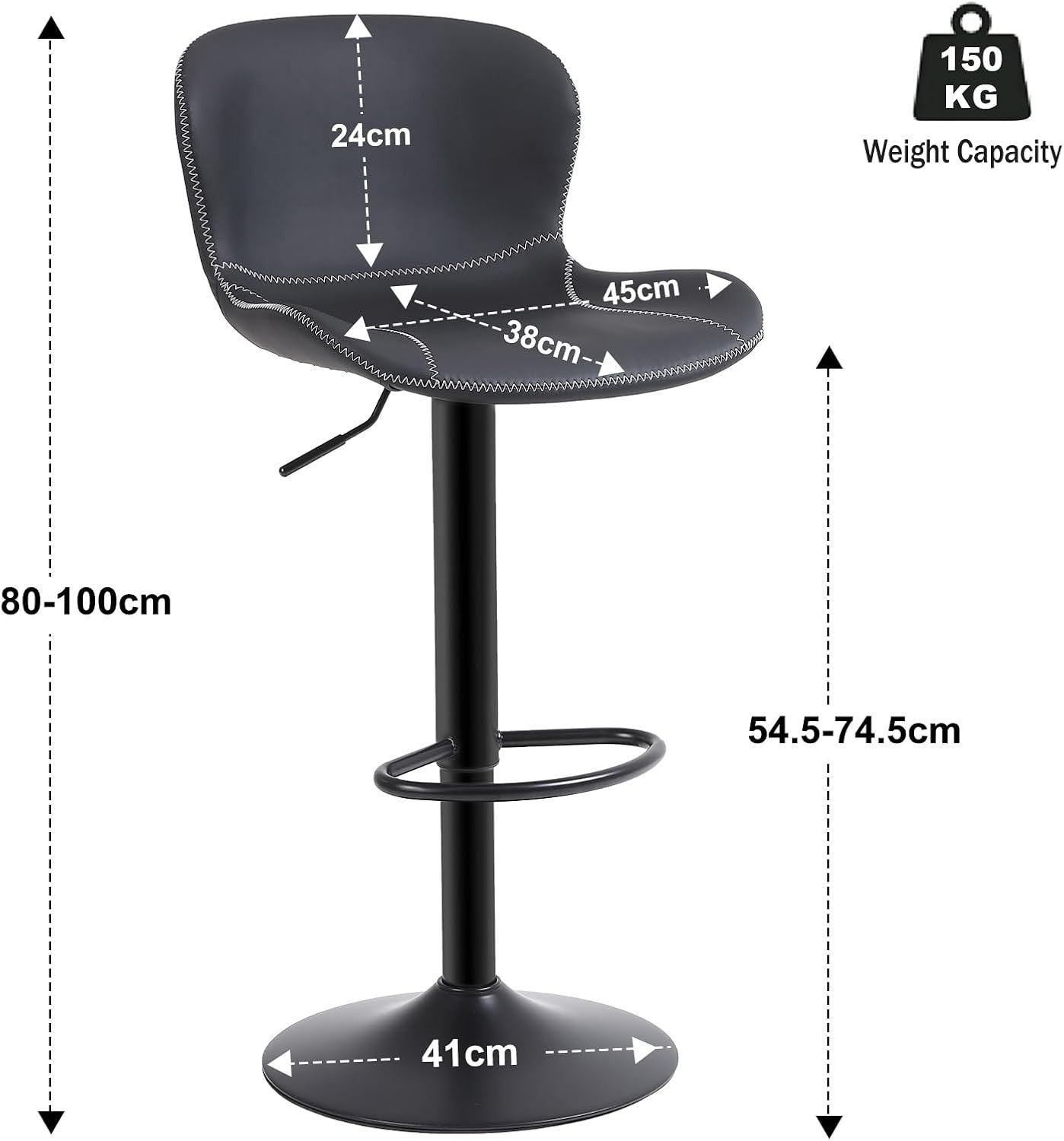 Black PU Leather Bar Stools Set of 4 | Adjustable Swivel Counter Chair