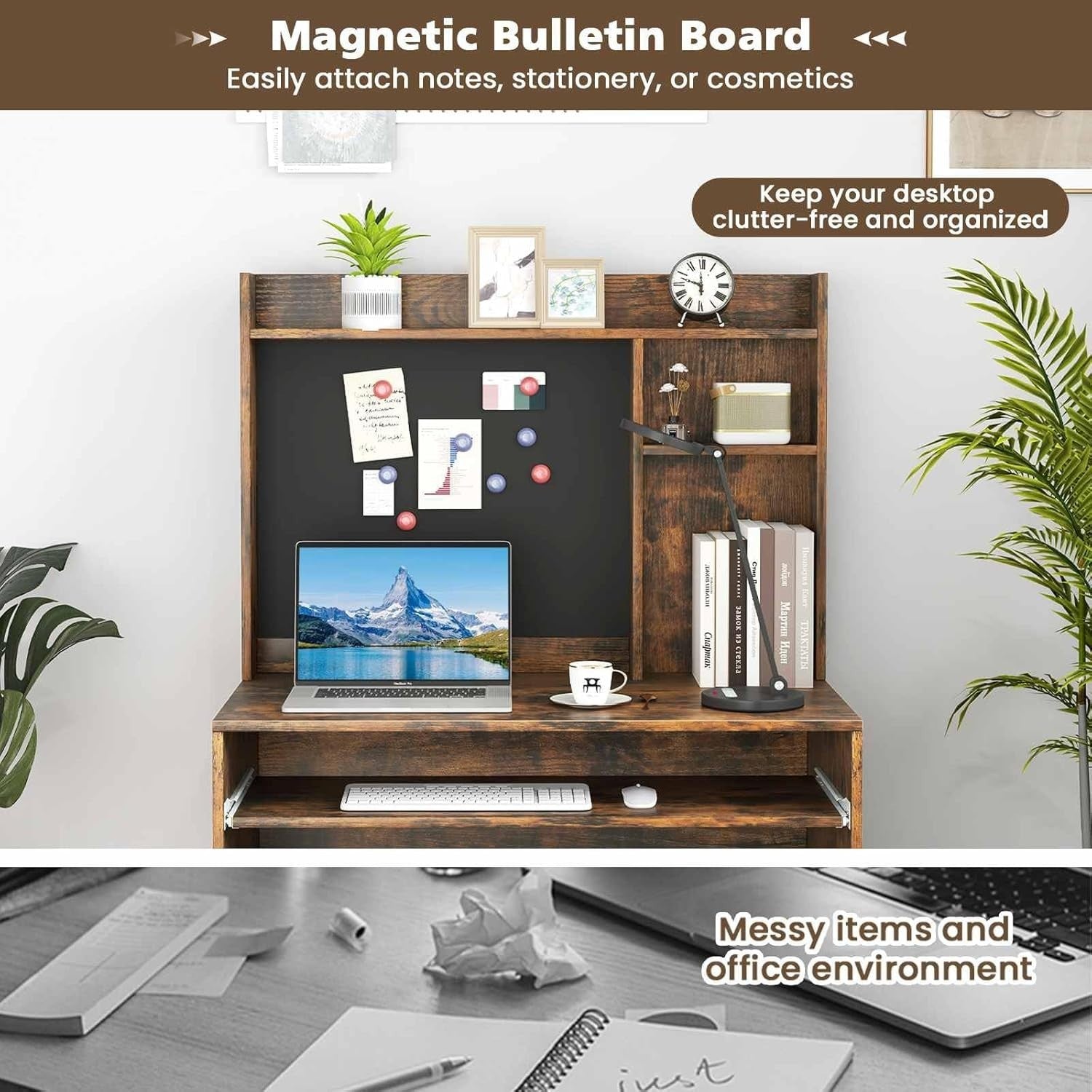 Rustic Brown Computer Desk with Hutch & Keyboard Tray Home Office Table