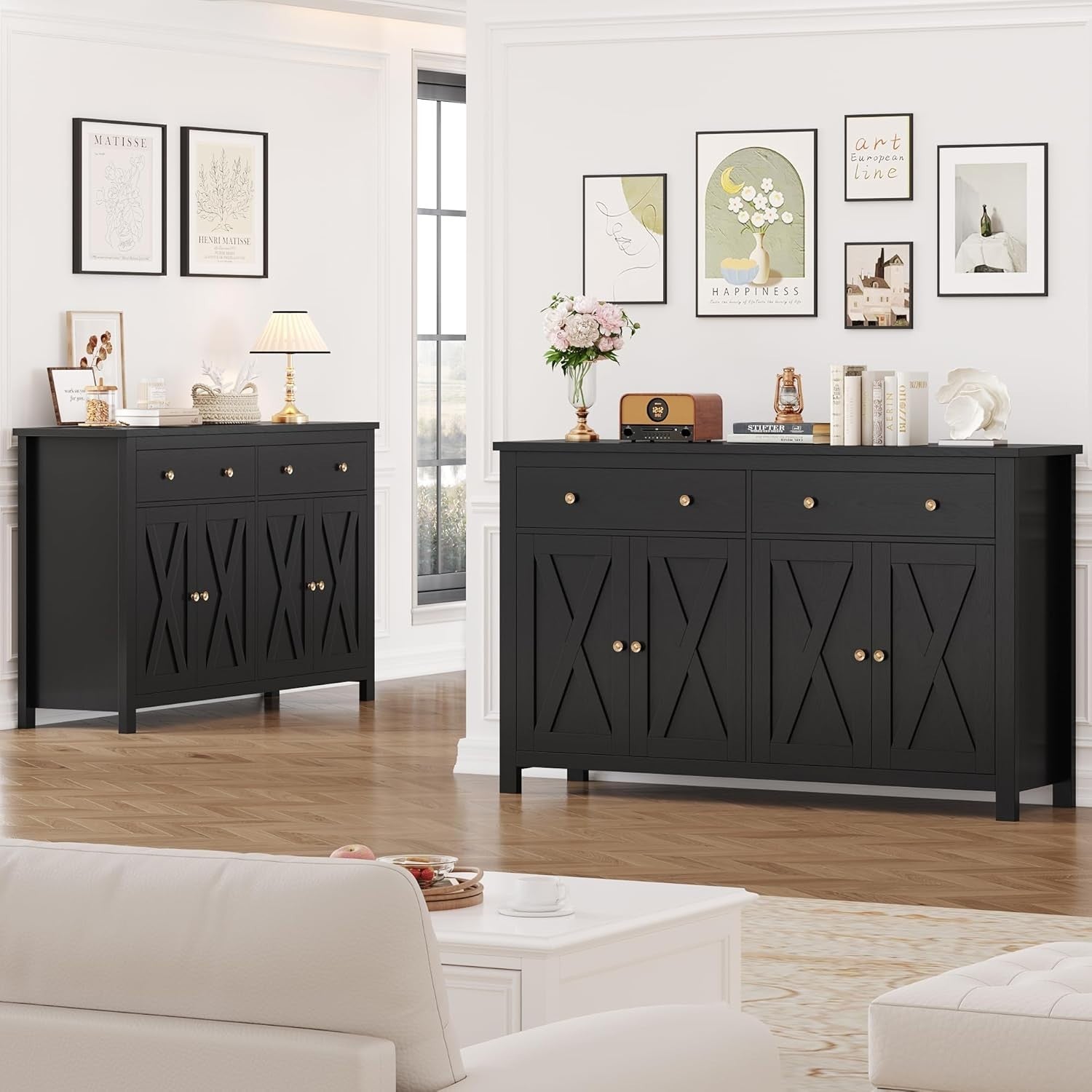 Black  Kitchen Sideboard Cabinet 3 Doors 2 Drawers Adjustable Shelves Large