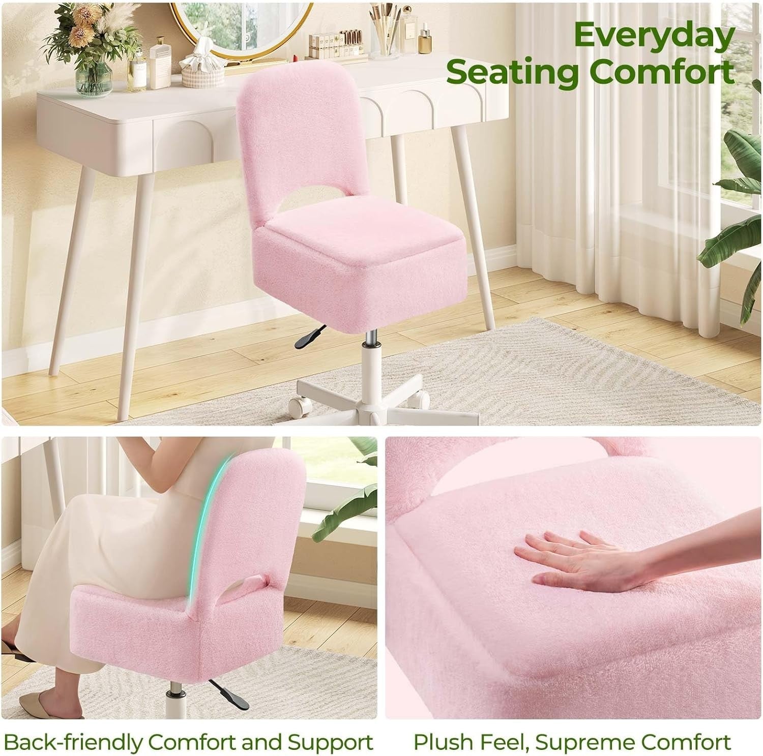 Pink Furry Vanity Chair Large with 13.5L Storage Swivel Adjustable Height