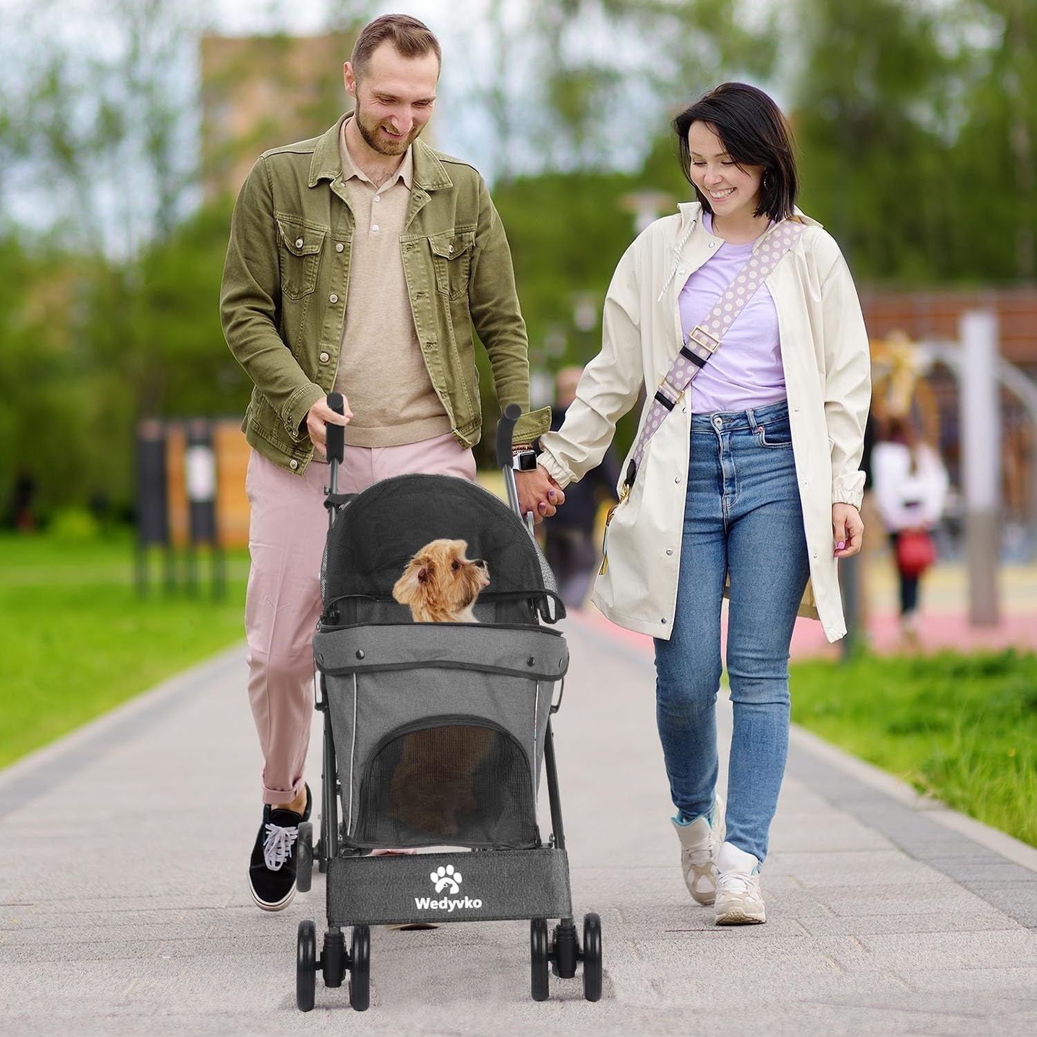 3 in 1 Pet Stroller Folding Dog Cat Pushchair 4 Wheel Travel Pram Grey