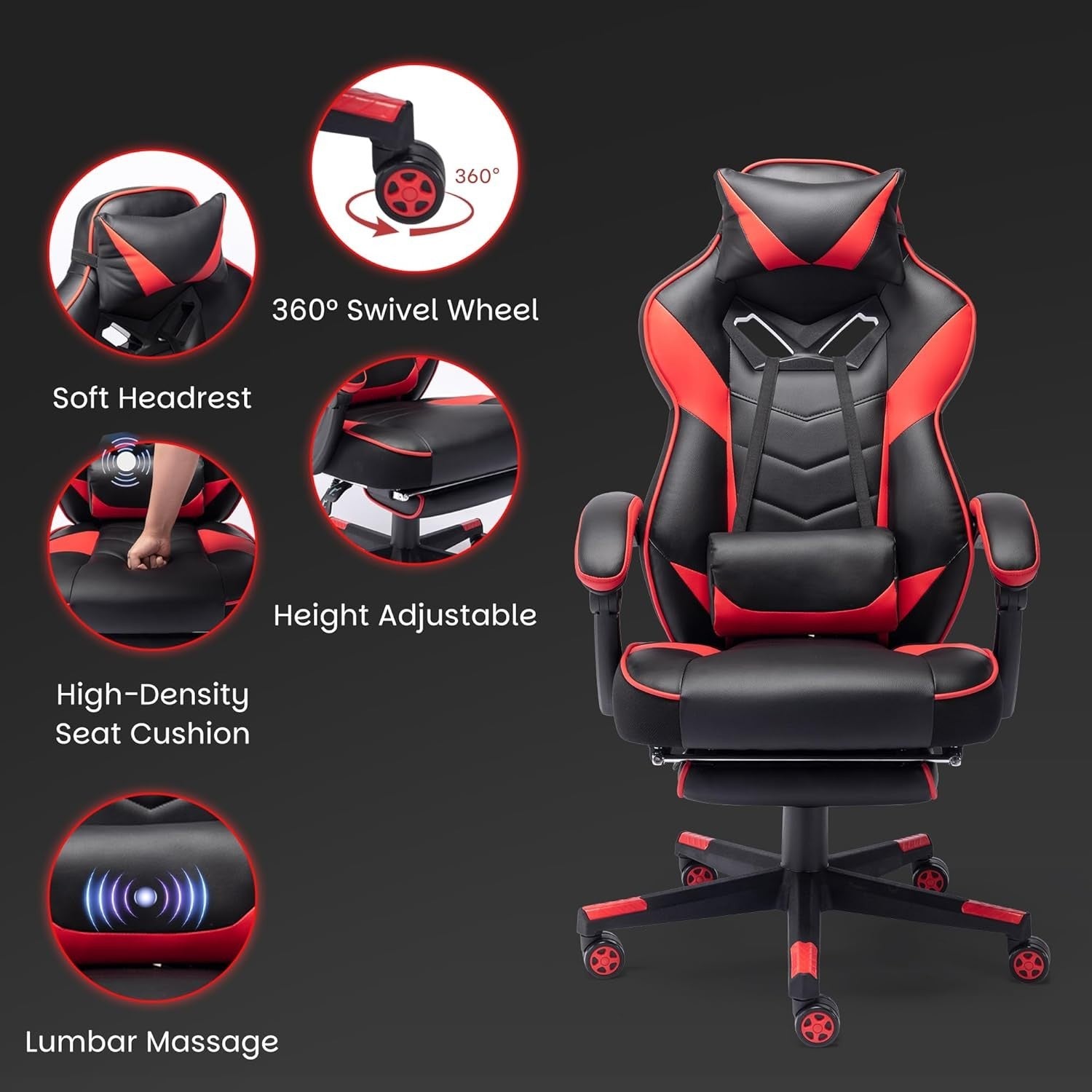 Red Faux Leather Gaming Chair w/ Recline, Footrest, Massage, Swivel, Ergonomic