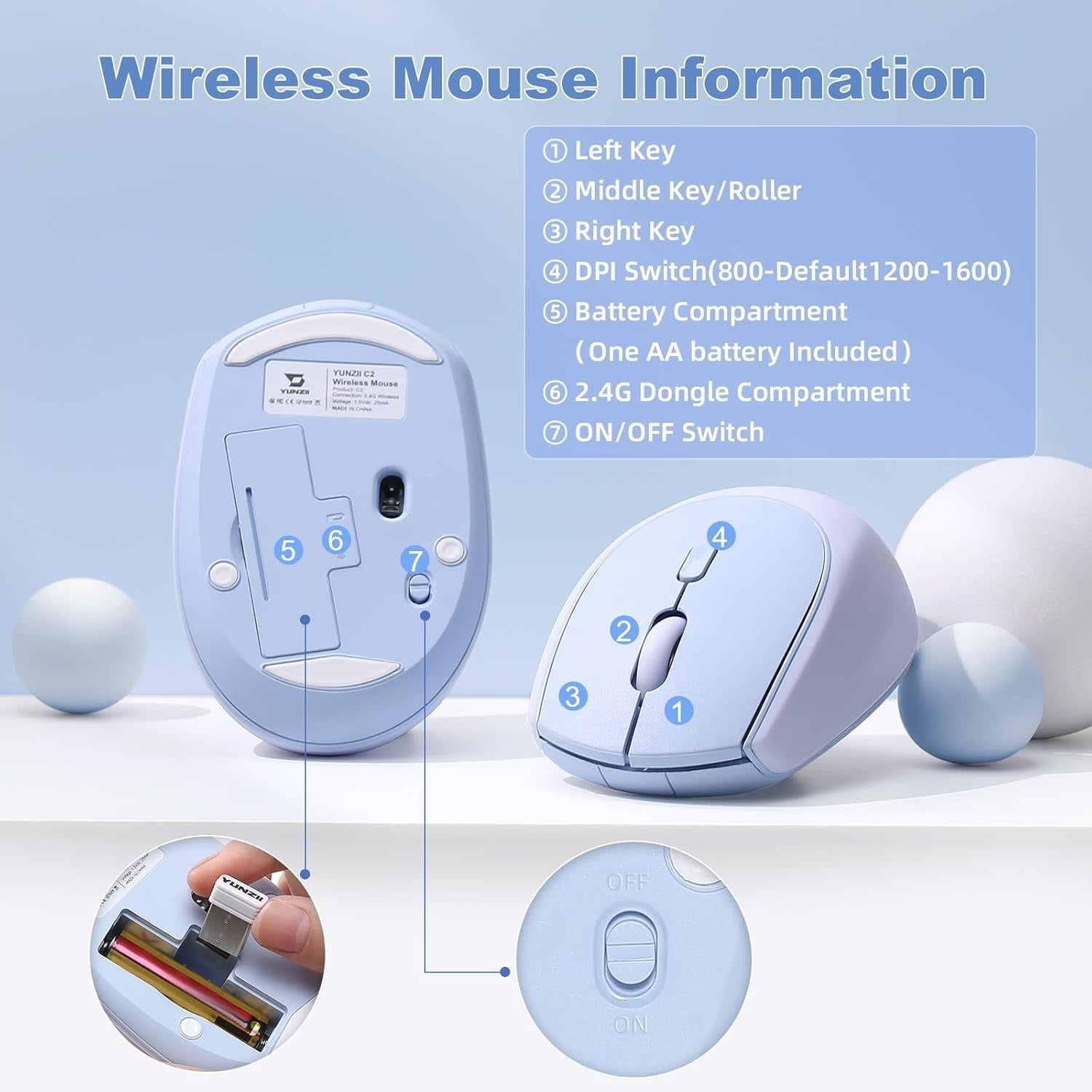 Silent Wireless Mouse 2.4GHz 1600 DPI Cute Portable Laptop PC