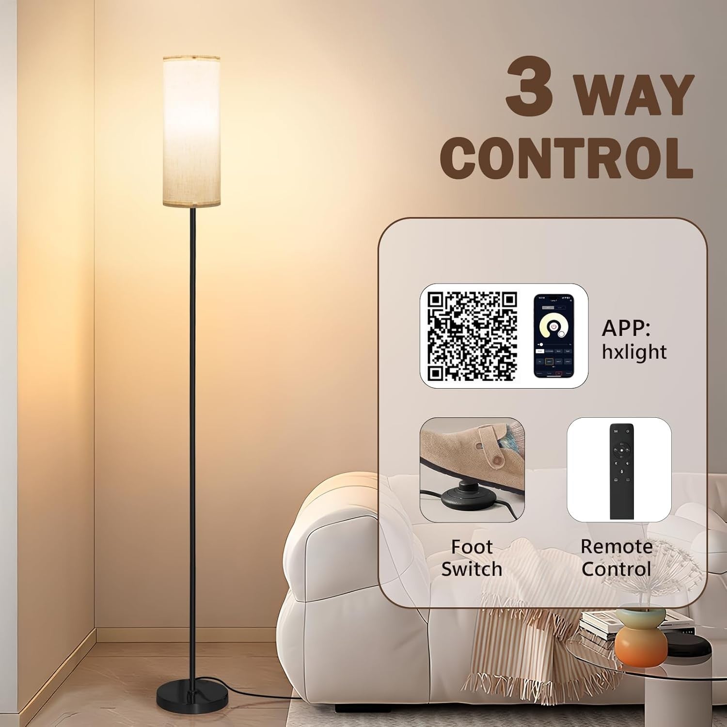 Smart Floor Lamp Remote App Foot Switch Dimmable 3 Colour Modern Standing Light