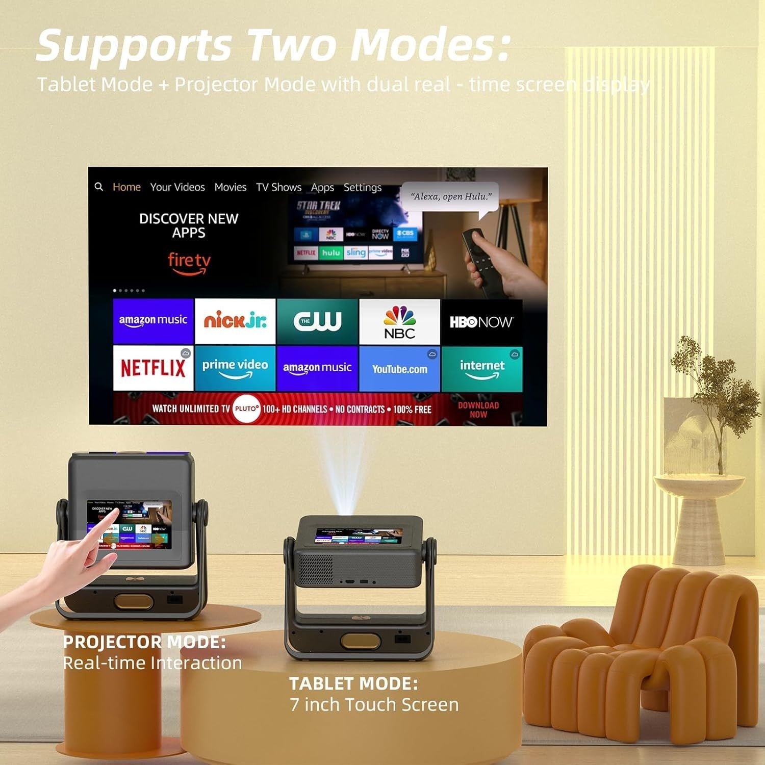 Touch Screen Smart Projector 1080P WiFi 6 Bluetooth Auto Focus 180°