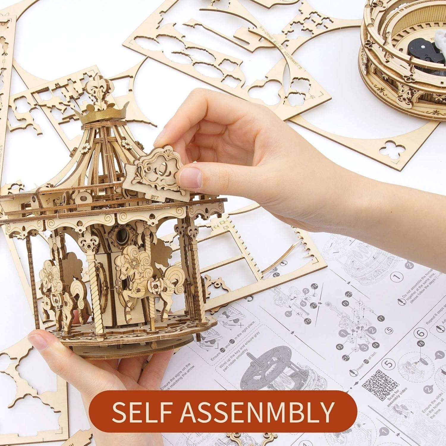 3D Wooden Carousel Puzzle with Music & Easy Assembly – Teens & Adults