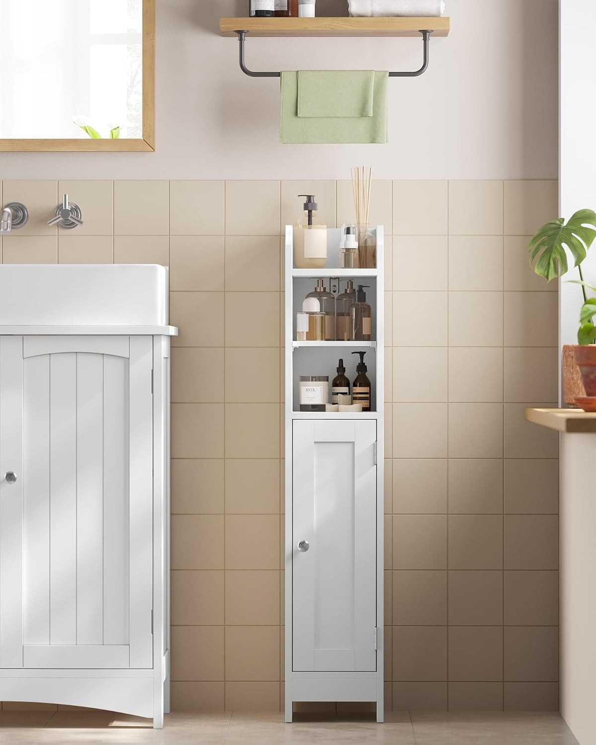 Slim White Bathroom Storage Cabinet with Door, Adjustable Shelves & Narrow Desig