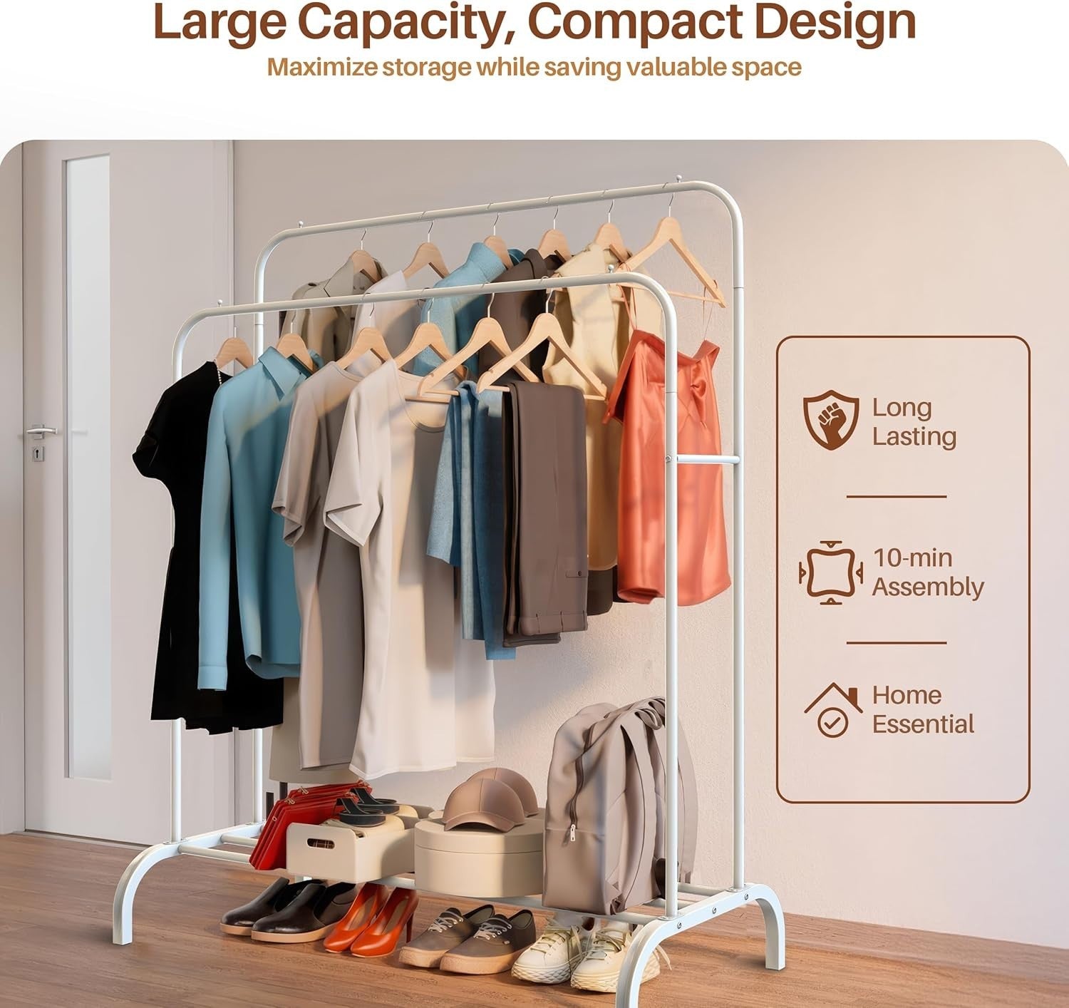 Heavy Duty Double Clothes Rail with Shoe Shelf - White