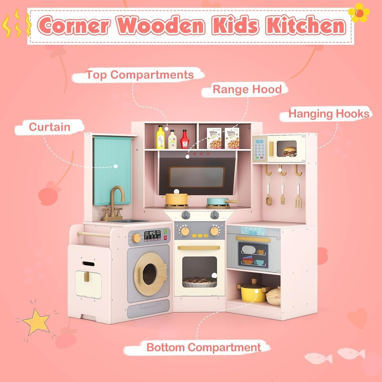 Corner Kids Play Kitchen Lights Sounds Washer Pink Chef Toy