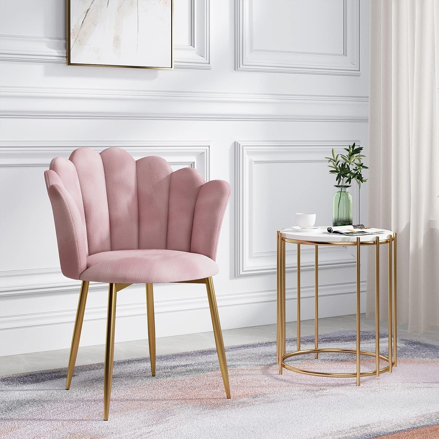 Velvet Vanity Chair Scallop Shell Back Gold Metal Legs Pink