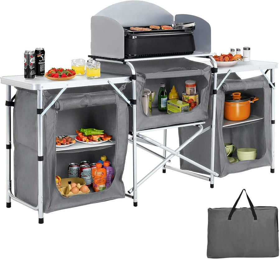 Portable Outdoor Camping Kitchen Storage Unit with Foldable Workspaces