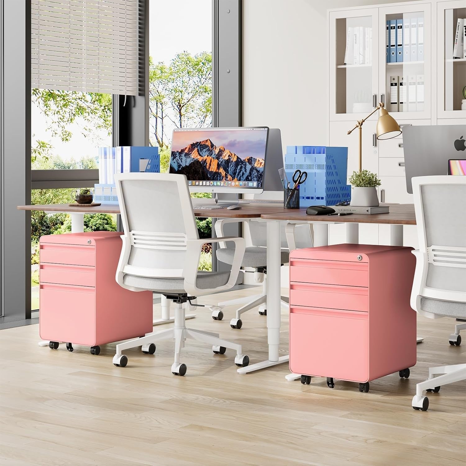 Pink Lockable Metal Filing Cabinet 3 Drawer A4 Anti Tilt on Wheels
