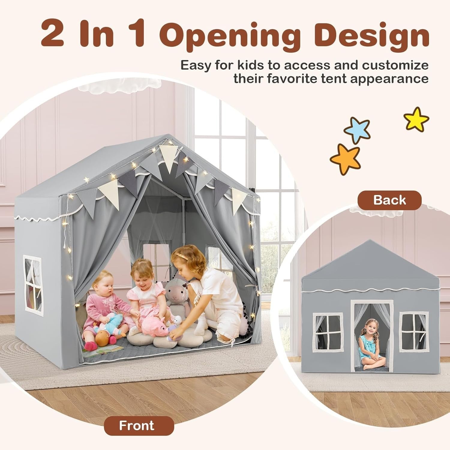 Grey Kids Castle Playhouse Tent Indoor Outdoor w Lights Mat Windows