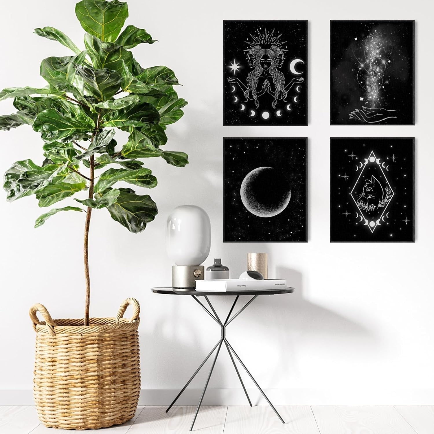 6pcs Moon Phase Wall Art Prints Witch Cat Celestial Decor 8x10in