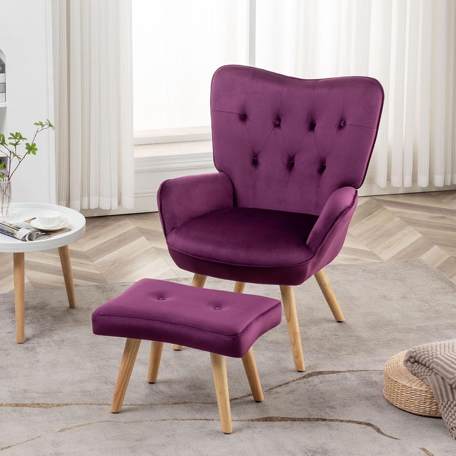 Purple Velvet Armchair with Footstool, Comfy Reading Lounge Chair Set