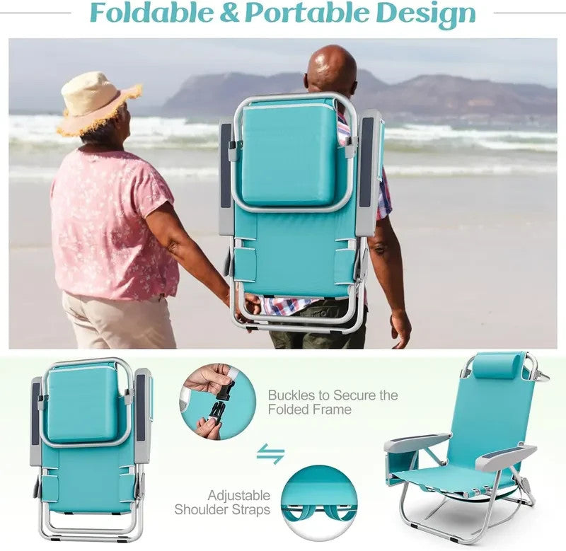 Folding Backpack Beach Chair 5-Position Recliner W/ Towel Rack