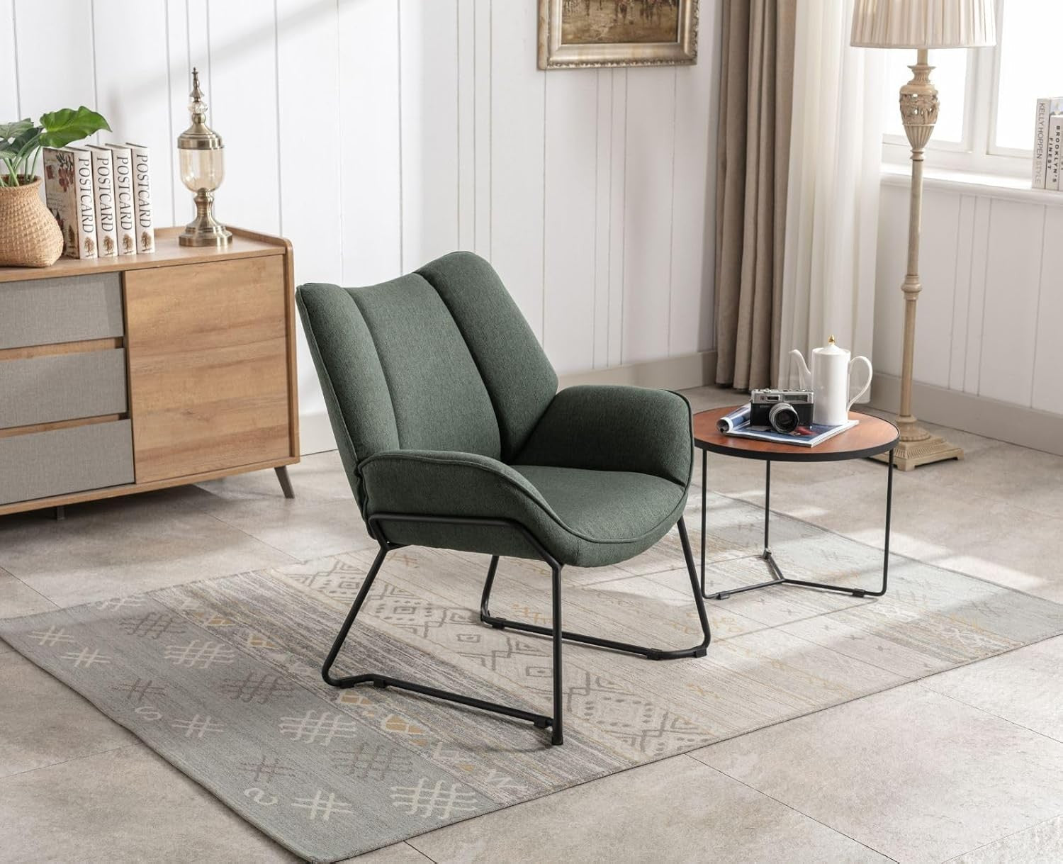 Modern Linen Upholstered Armchair Green Occasional Tub Chair with Metal Legs