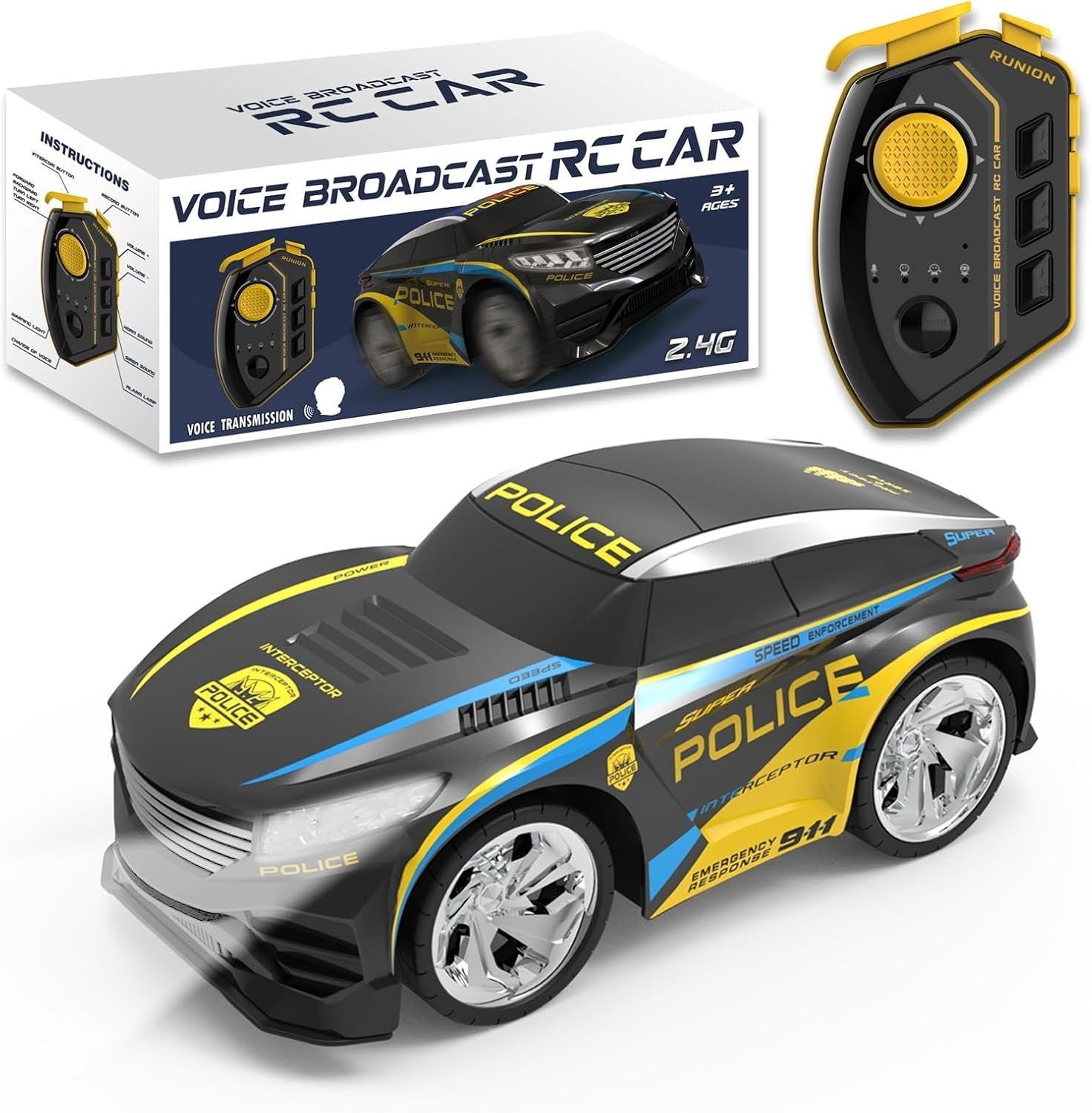 RC Police Car for Kids 2.4GHz Voice Changing Lights Sirens Rechargeable Toy 3–8