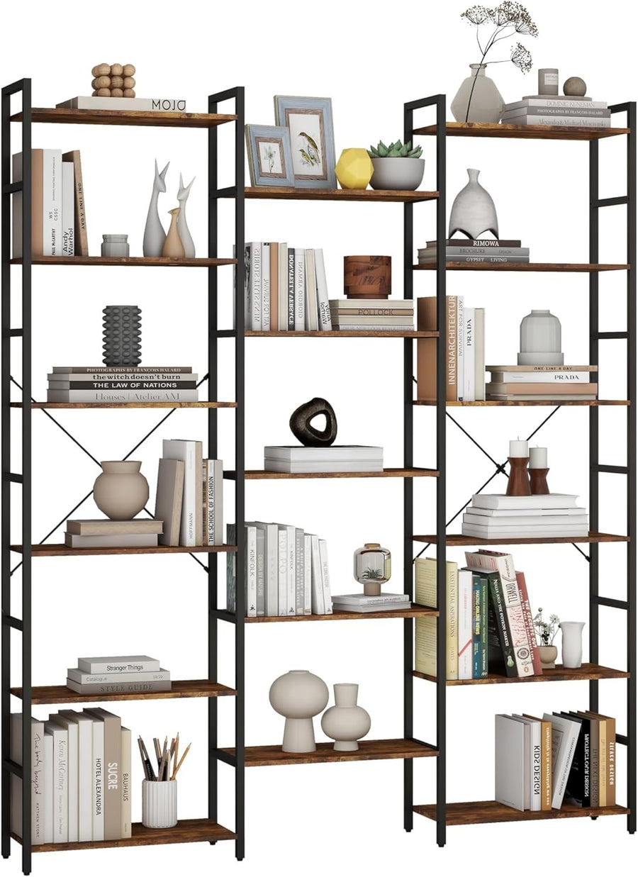 Industrial 6 Tier Tall Bookcase Metal Frame Wooden Shelving Display Storage Rack