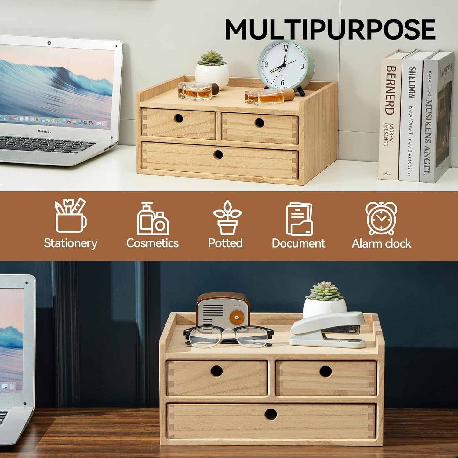 Wood Desktop Organizer with 3 Drawers & 2 Layers – Office & Home Storage