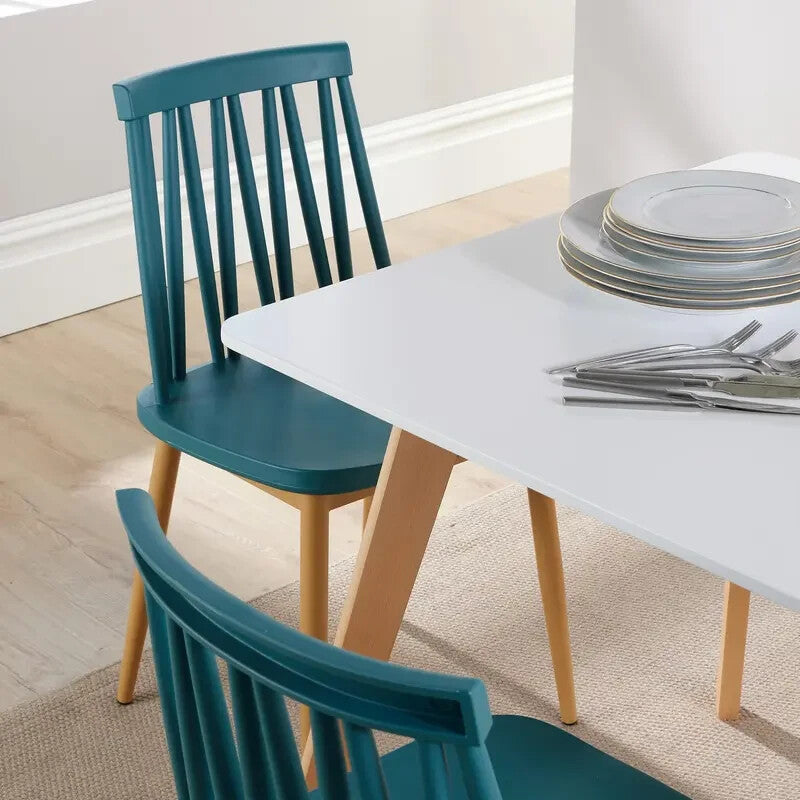 4 Seater Dining Table Set 120cm White MDF Top & Teal Chairs Wooden Legs
