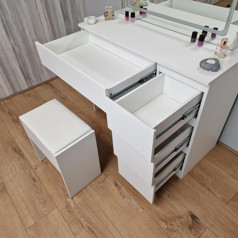 LED Vanity Dressing Table with Mirror & Stool, Makeup Desk w/ Drawers