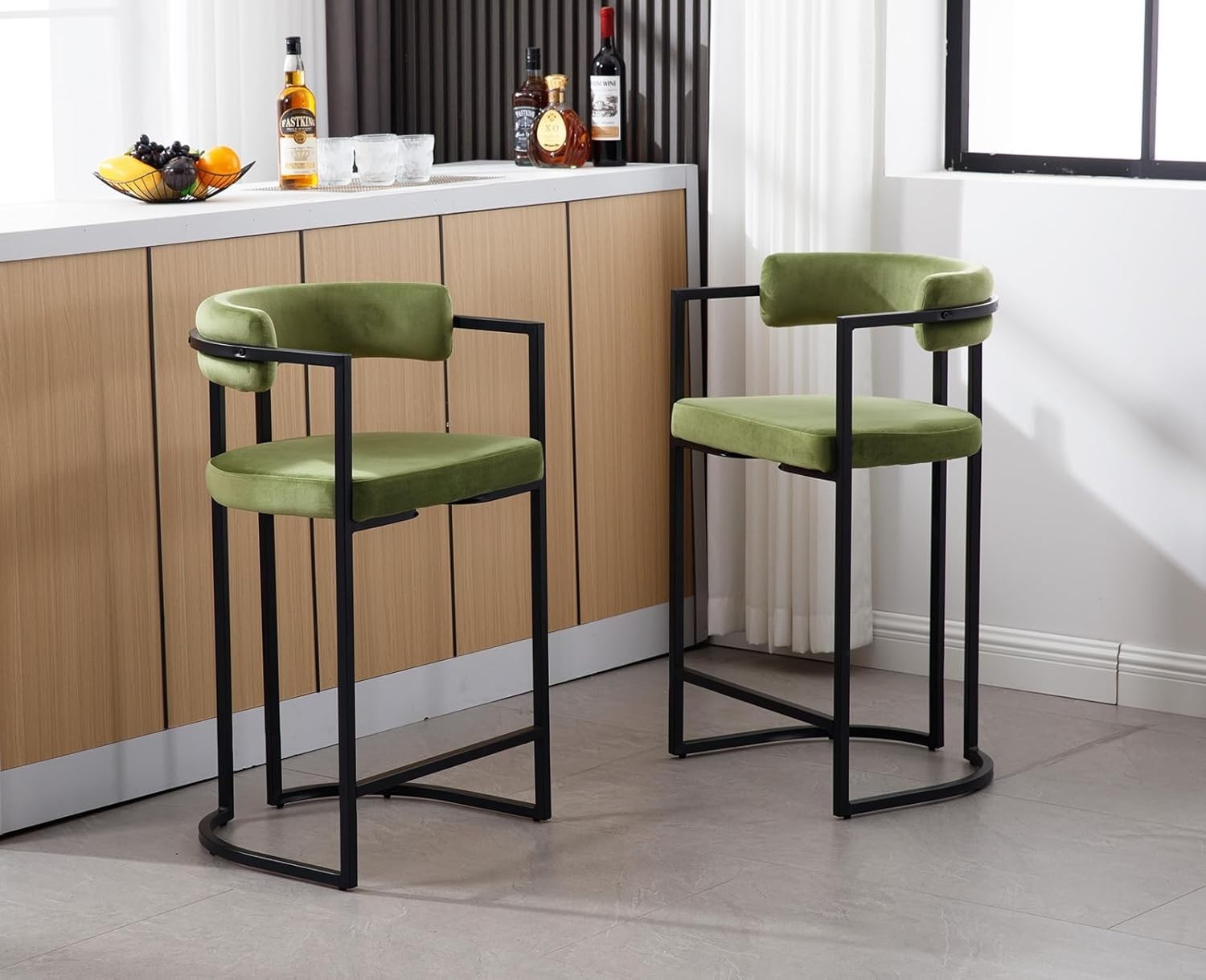 Green Velvet Bar Stools Set of 2 Metal Frame Counter Height Kitchen