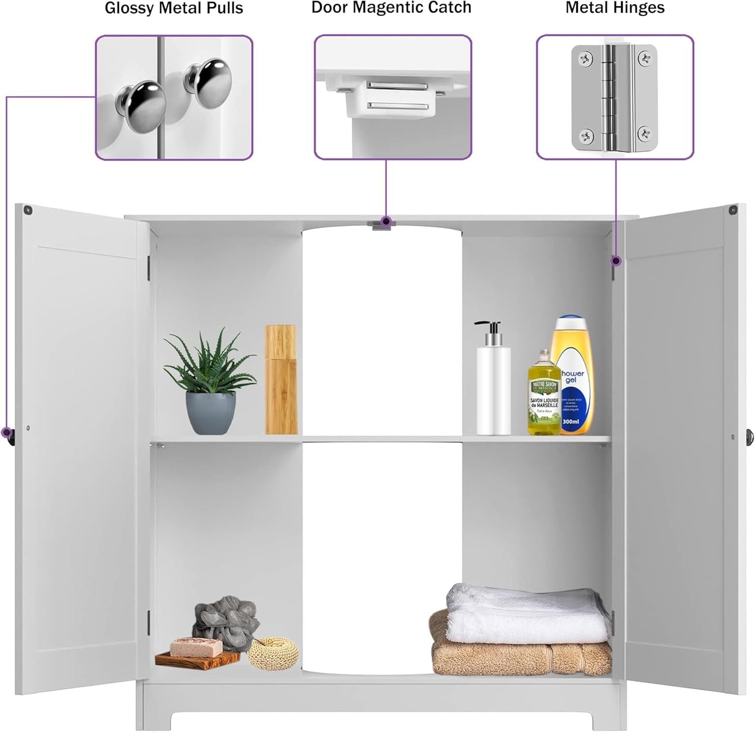 White Under Sink Bathroom Cabinet with Doors & Shelf Storage 60x30x60cm