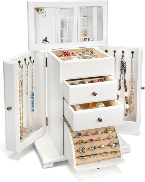 White Wooden Jewellery Box Large Organizer with Mirror 4 Layer Vintage