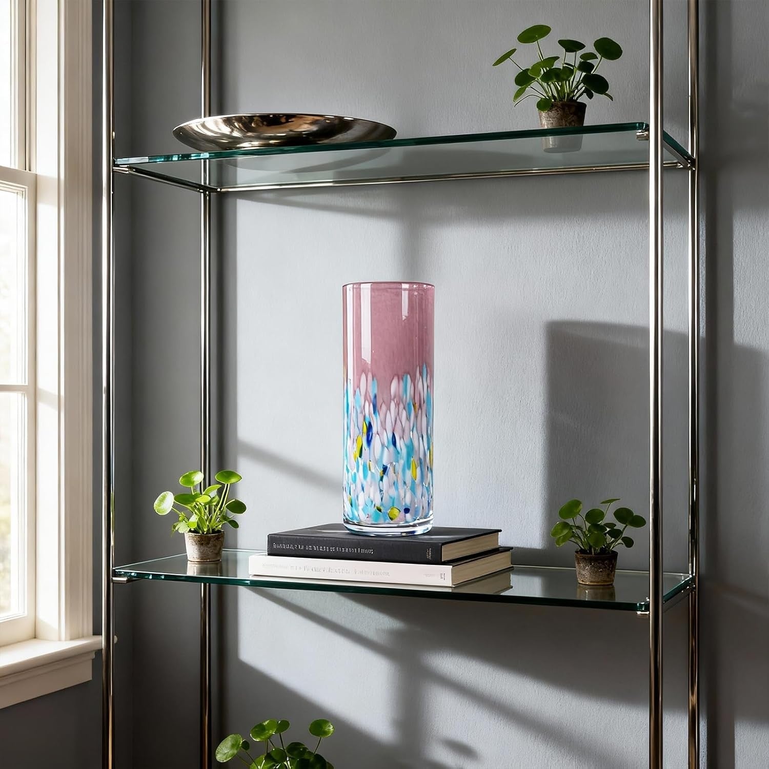 Hand Blown Pink Glass Vase 24cm Tall Modern Flower Centerpiece Decor