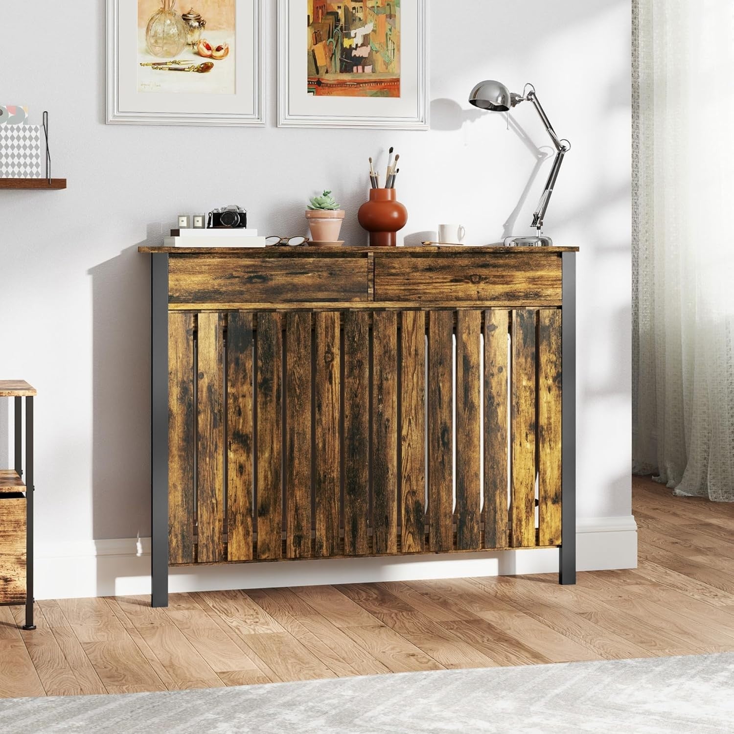 Rustic Brown Radiator Cover with Drawers Industrial Wood Cabinet 119x93cm
