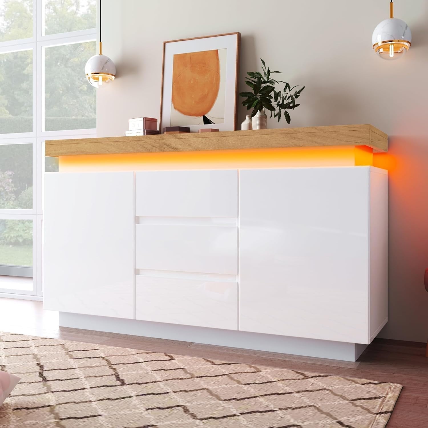 White LED Sideboard Cabinet Gloss 2 Door 3 Drawer Storage Modern Unit