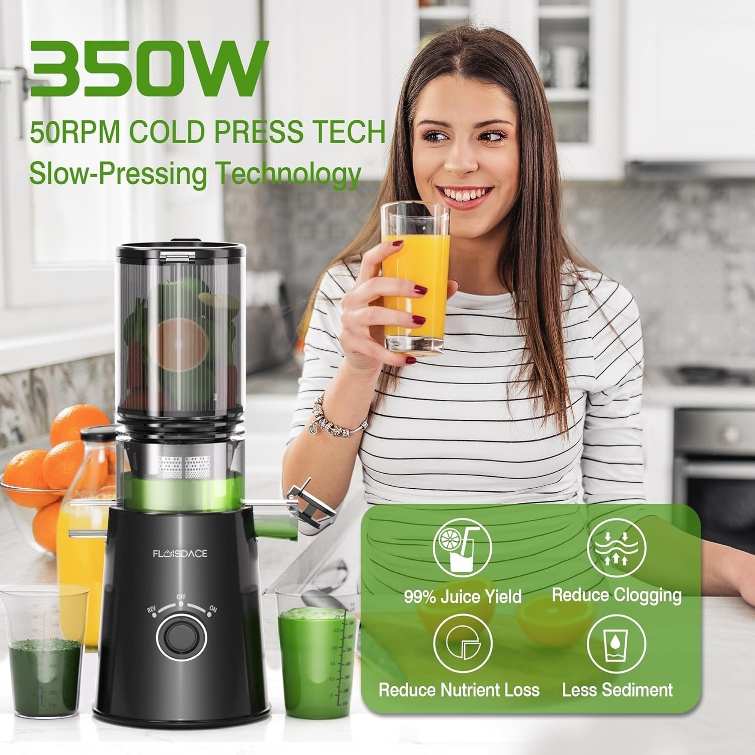 Black Cold Press Juicer 5in Feed Chute Whole Fruit High Torque Easy Clean