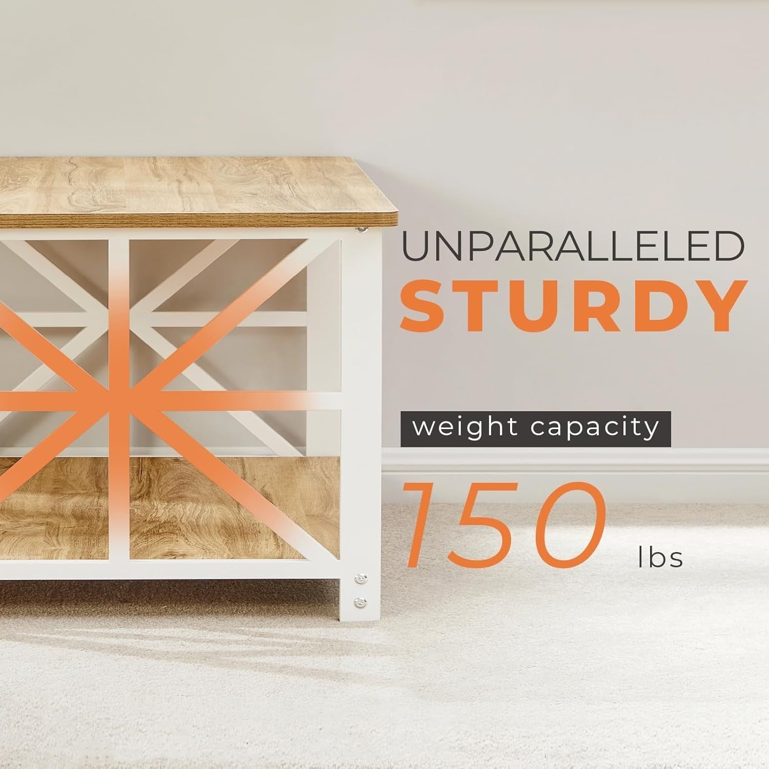 2-Tier Beige Coffee Table with X-Frame, Rounded Corners, 100cm Storage