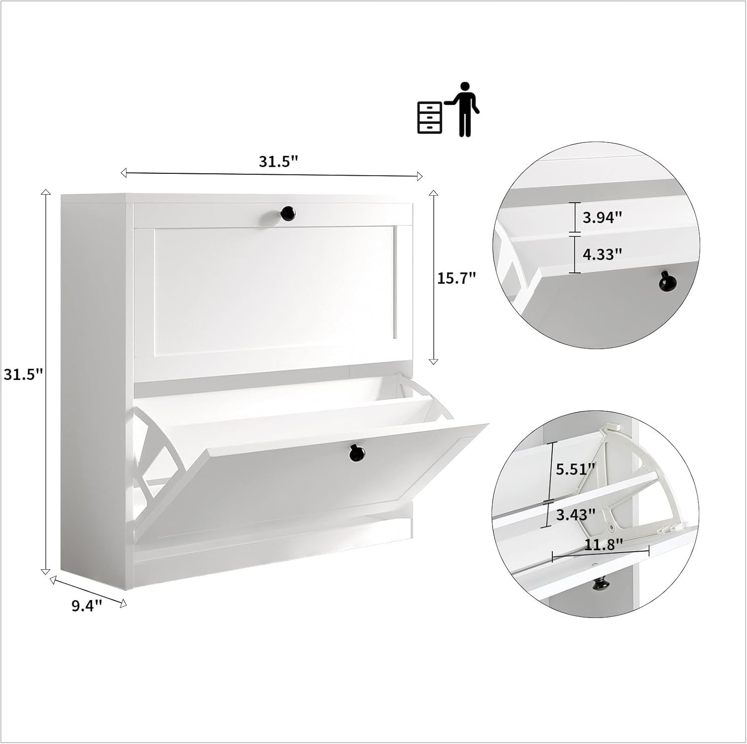 Slim 2-Drawer Vertical Shoe Cabinet with Adjustable Shelves, 80x24x80 cm White