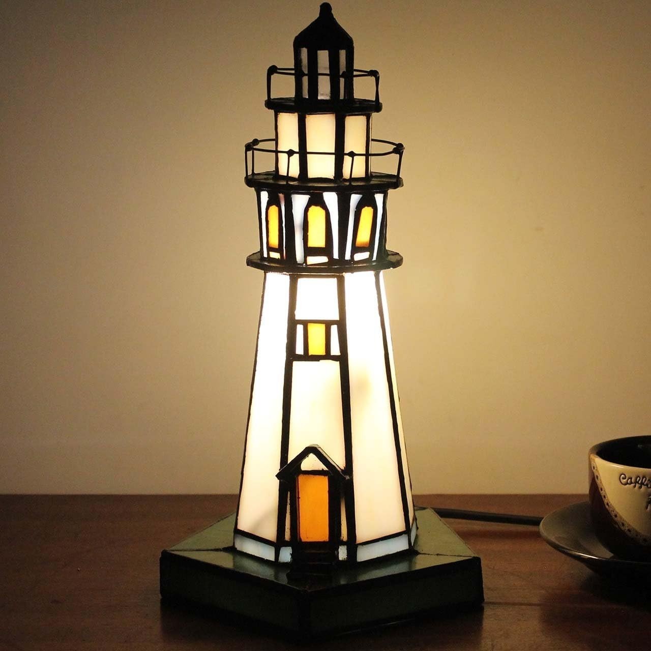 Lighthouse Table Lamp Stained Glass 15x15x28cm Accent Night Light