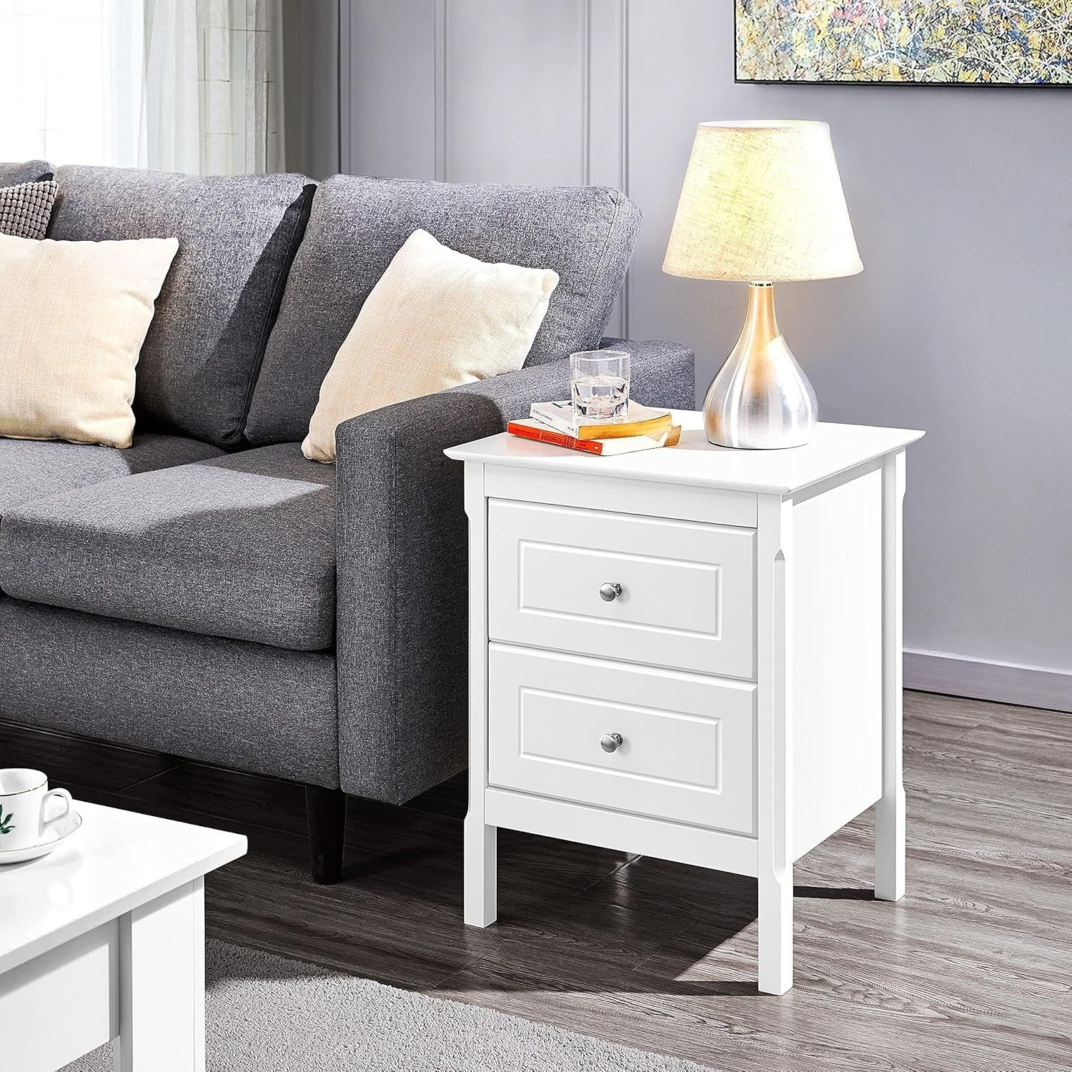 White Bedside Tables Set of 2 with Drawers, Wooden Nightstands