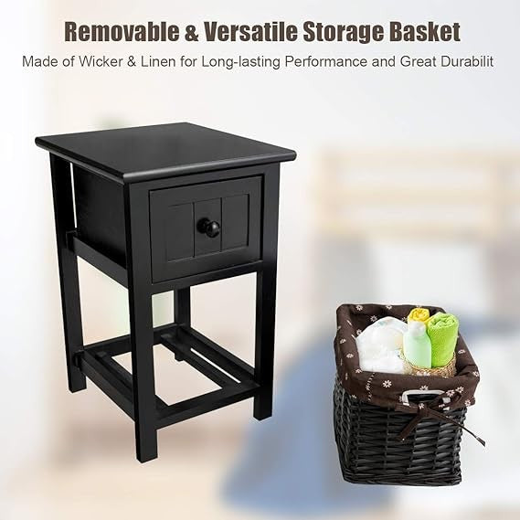 Slim Black Bedside Tables Set of 2 with Drawer & Wicker Basket Storage Modern