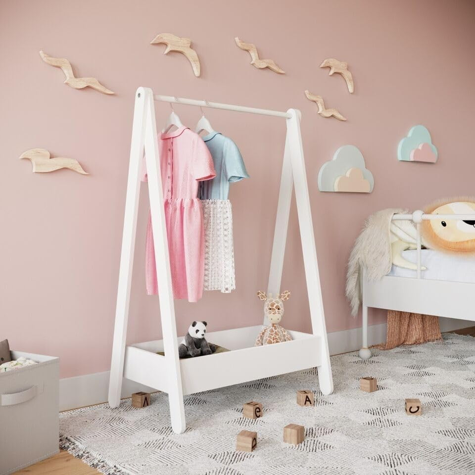 Kids Wooden Dress Up Clothes Rail with Shelf – White