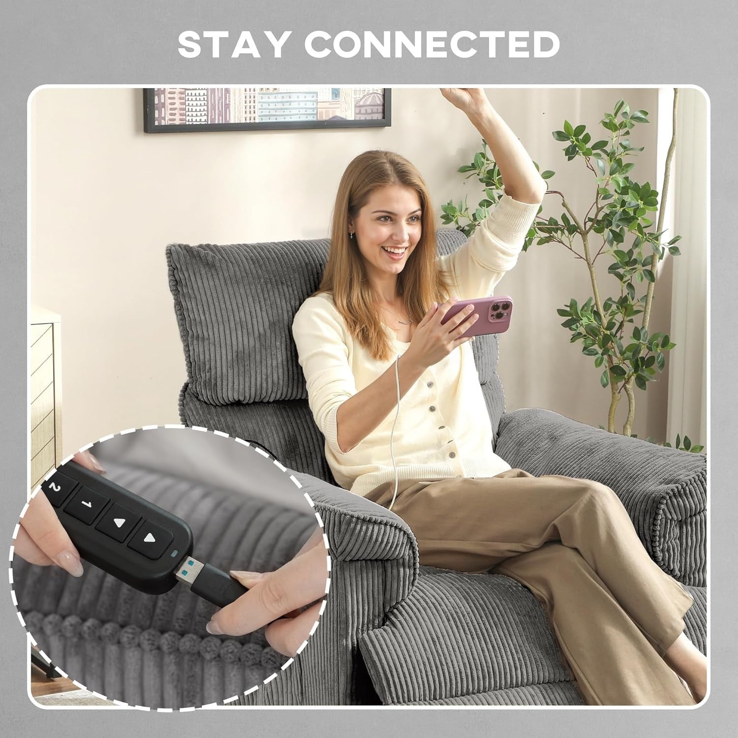 Electric Massage Recliner Chair Heat USB Port Corduroy Power Recliner Grey