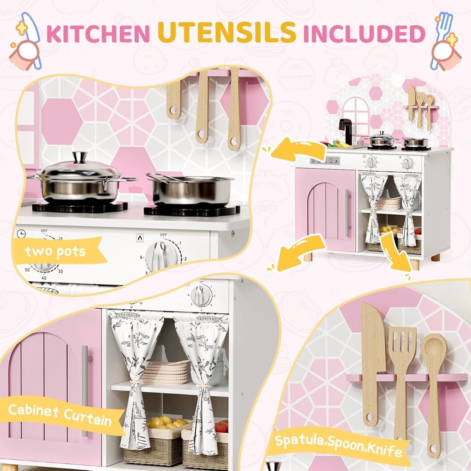 Kids Wooden Play Kitchen w/ Real Sound Stove Pink Toy Set