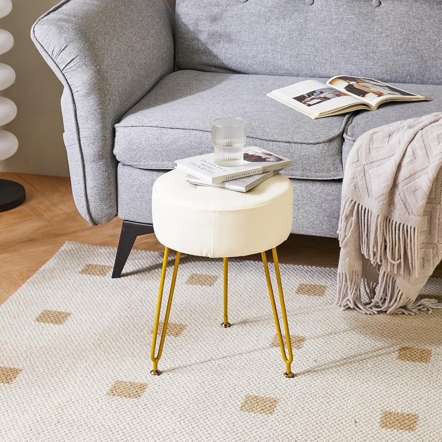 White PU Round Footrest Stool – Velvet-Look Vanity Seat with Gold Legs