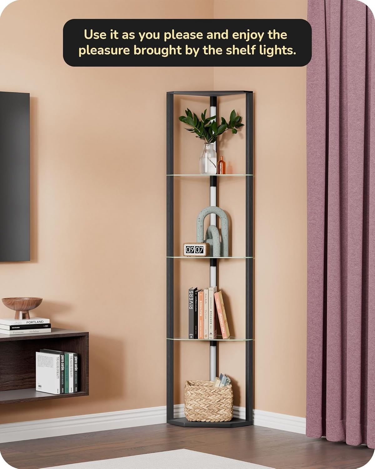 LED Corner Floor Lamp Shelf Dimmable 4-Tier Display Light Unit Black