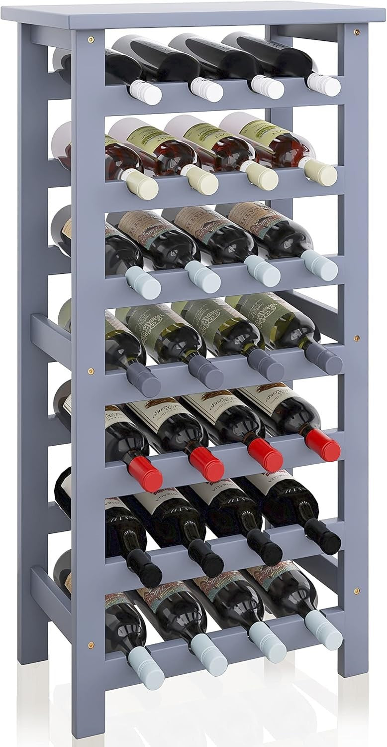 28 Bottle Wine Rack Freestanding Bamboo Storage Shelf 7-Tier with Table Top Grey