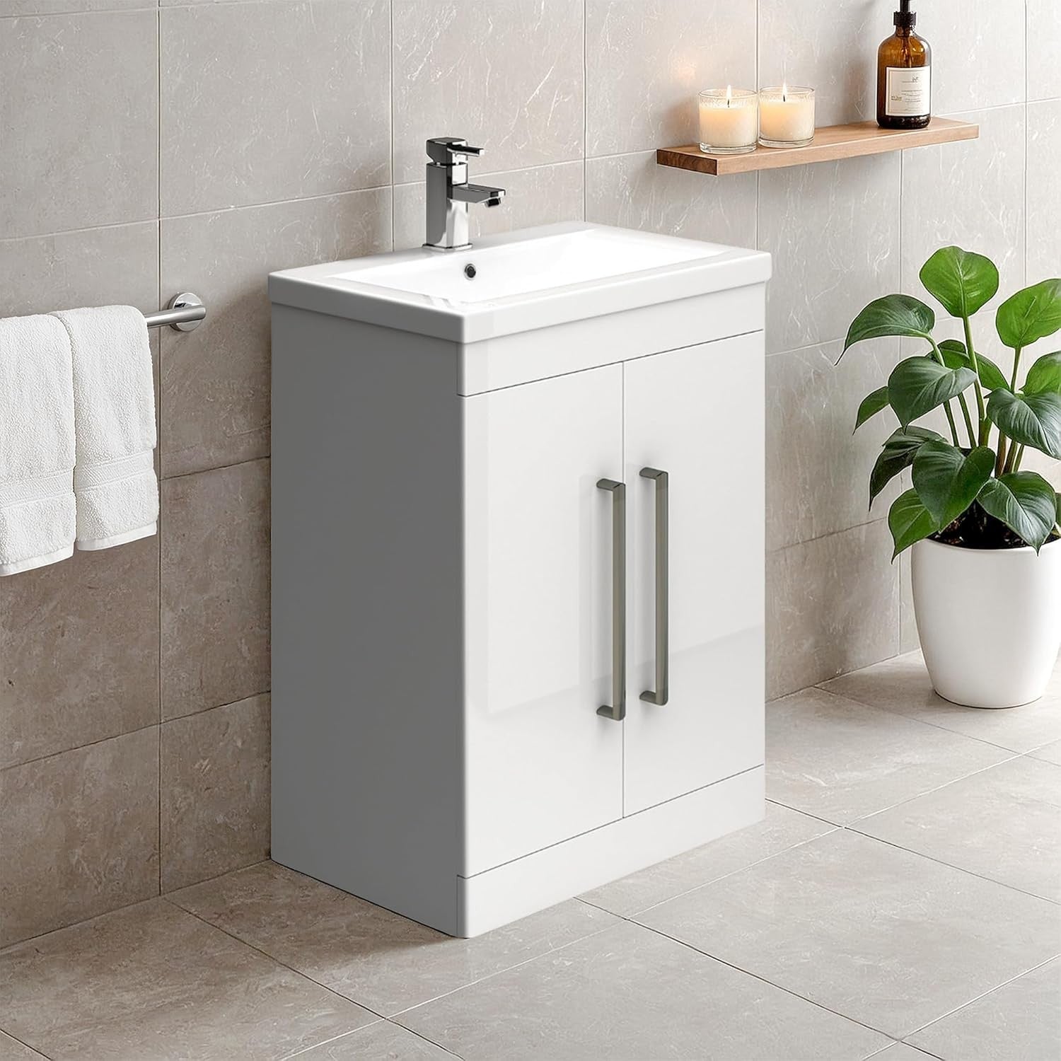 600mm White Bathroom Vanity Unit  Basin Gloss Floor Standing Cabinet