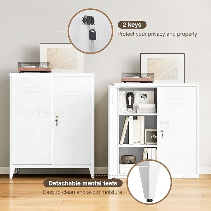 White Metal Storage Cabinet with Locking Doors Adjustable Shelves Office