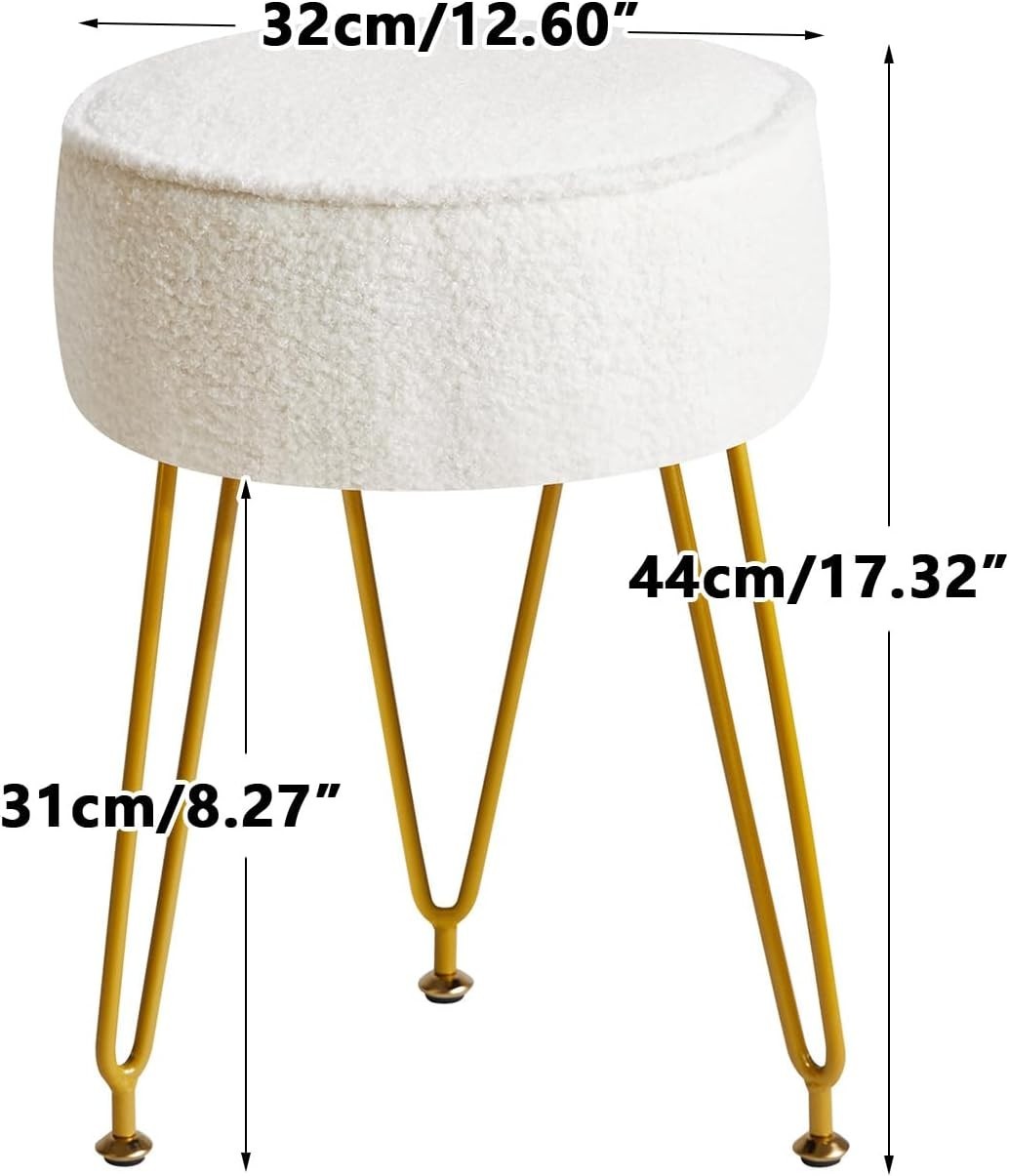 Creamy-White Velvet Round Footrest Ottoman – Vanity Stool with Steel Legs