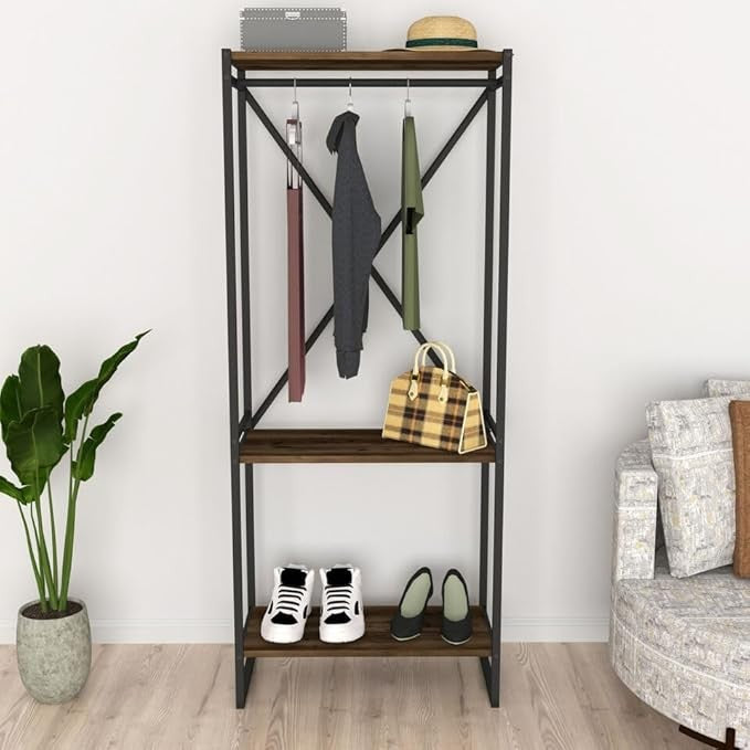 Tier Wooden Coat Rack & Shoe Storage Stand with Metal Frame – Burnt Oak