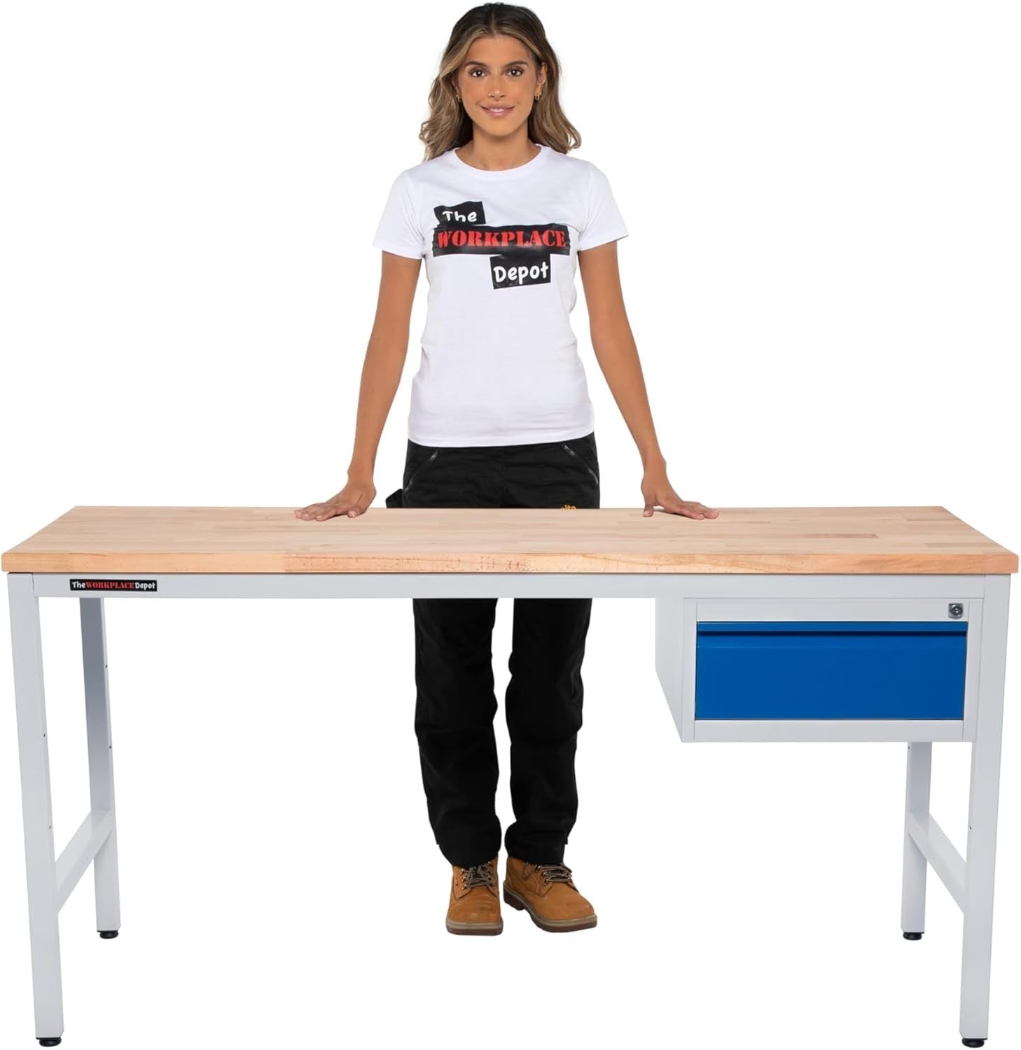 Heavy Duty Metal Workbench 2-Drawer Unit 150kg Steel Frame 30mm Wood Top 1600mm