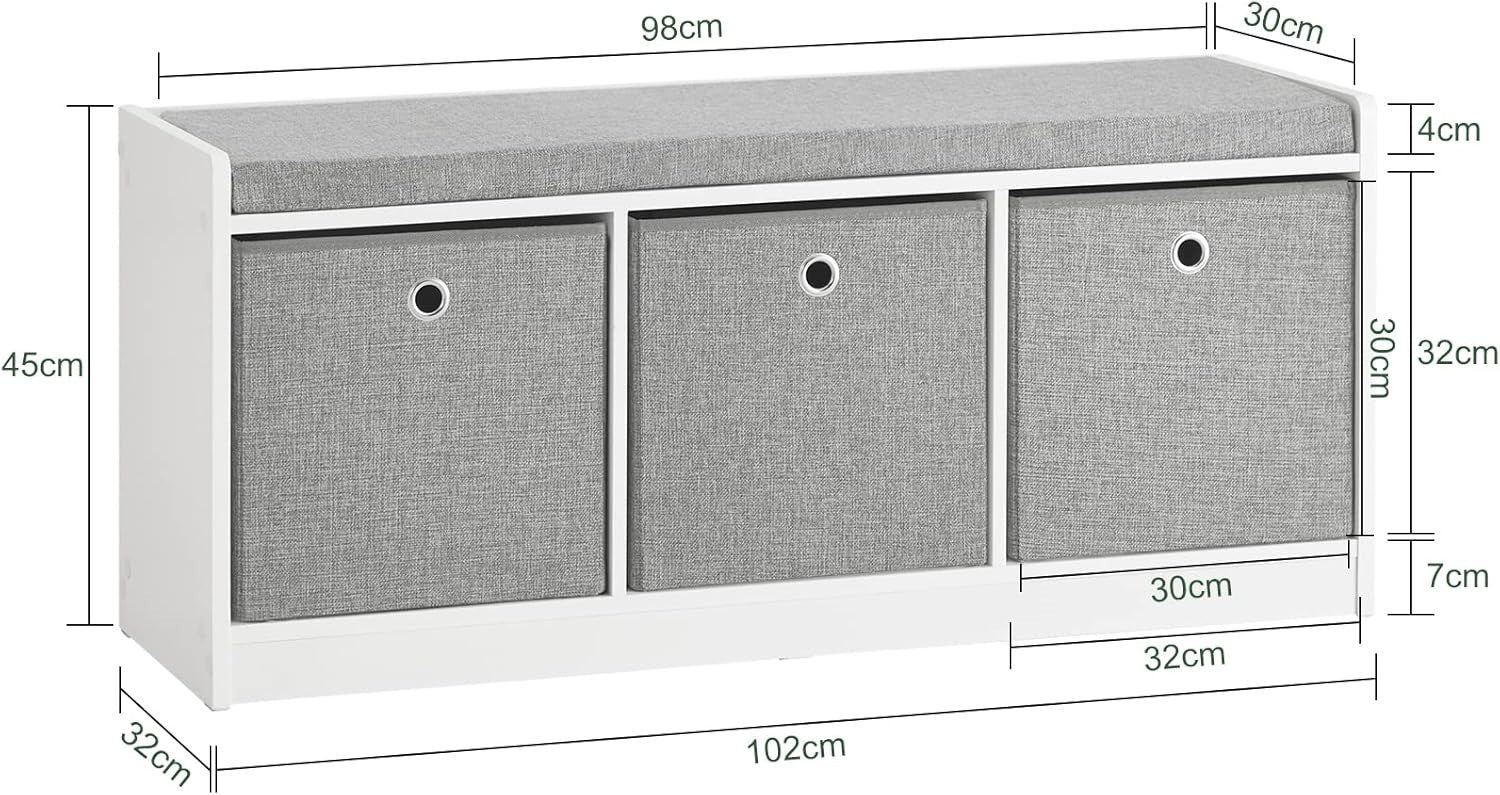 Modern Storage Bench with 3 Fabric Baskets & Cushion | Shoe Rack Cabinet